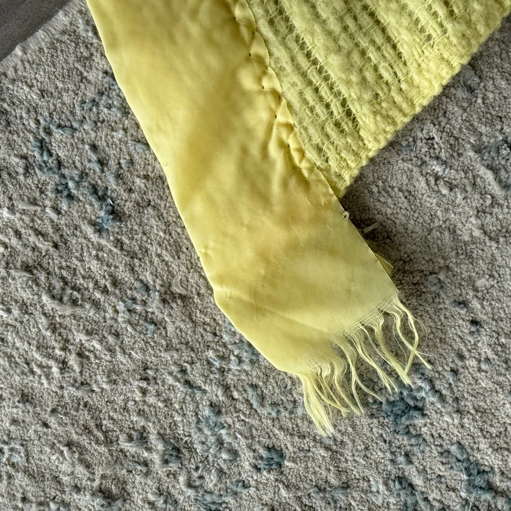 Waffle Knit Baby Blanket Size Twin Yellow Woven Satin Trim Vintage 84